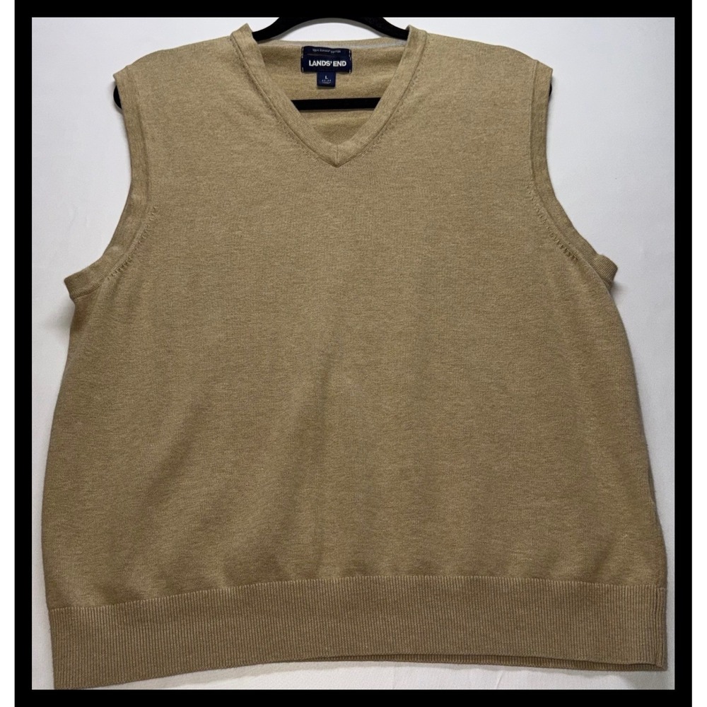 Lands End Sweater Vest Mens Large Tan Supima Cotton V-Neck Preppy Classic